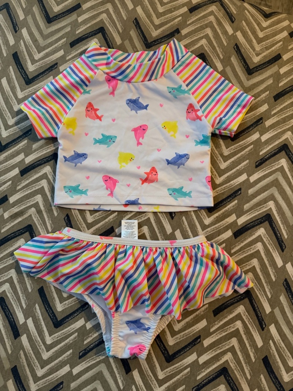 Penelope Mack White Rash Guard Set with Rainbow Stripes & Sharks
